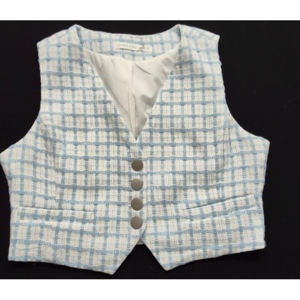 Altar'd State women's blue white checkered plaid tweed button front vest top LG